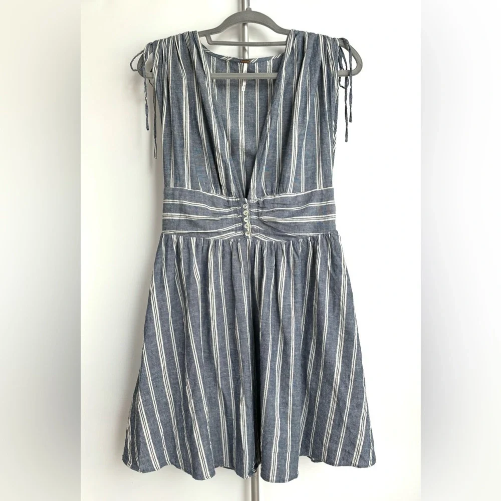 Free People Linen ‘Roll the Dice’ Striped Fit Flare Plunge Neck Flare Mini Dress